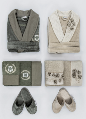 Ecocotton Masal Family Bathrobe Set 100% Organic Cotton Embroidered Beige / Green - M / L