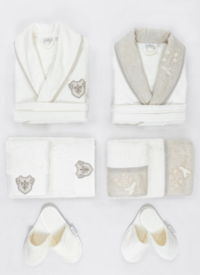 Ecocotton Ayliz Family Bathrobe Set 100% Organic Cotton Embroidered Cream/Cream - M/L