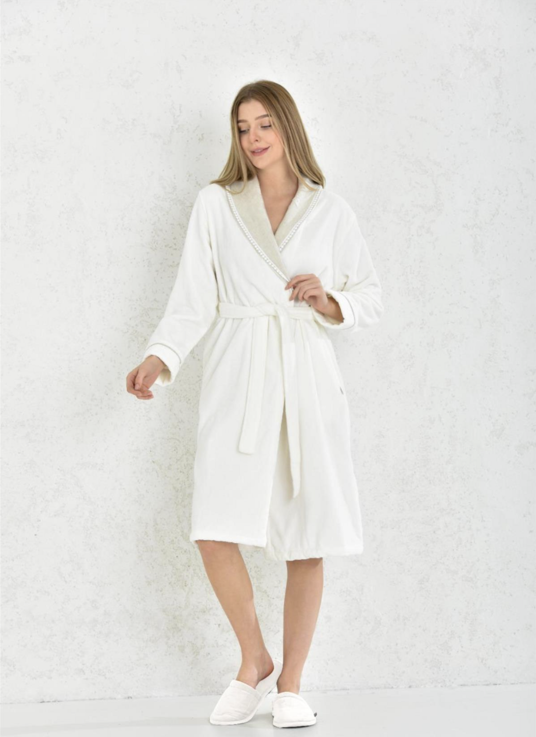Ecocotton Nil Women Bathrobe Set 100% Organic Cotton Hand Embroidered Cream