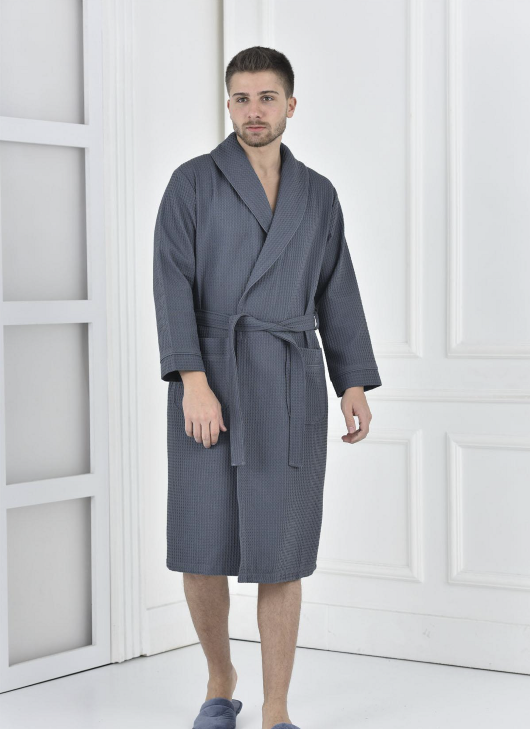 Green Black Afra Men&#39;s Pique Bathrobe 100% Cotton Navy Blue