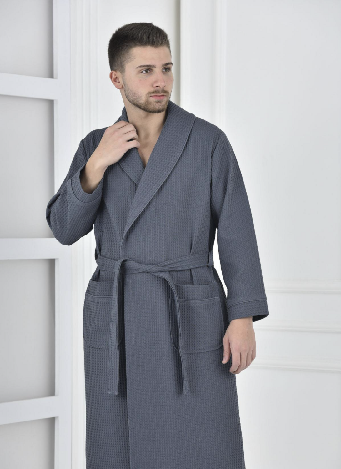 Green Black Afra Men&#39;s Pique Bathrobe 100% Cotton Navy Blue