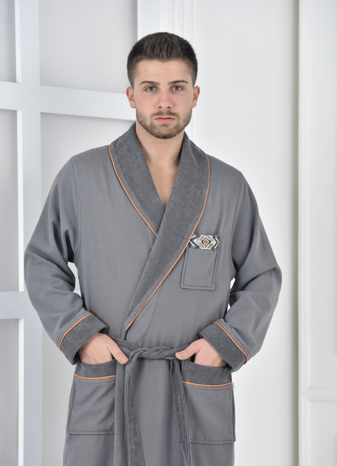 Ecocotton Pamira Men&#39;s Bathrobe 100% Organic Cotton Embroidered Anthracite
