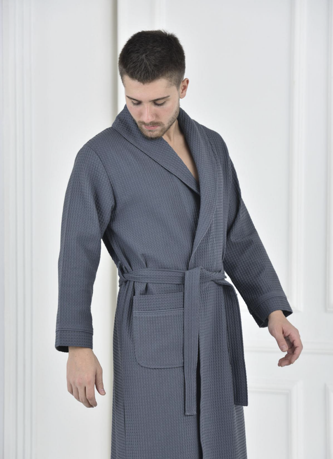 Green Black Afra Men&#39;s Pique Bathrobe 100% Cotton Navy Blue