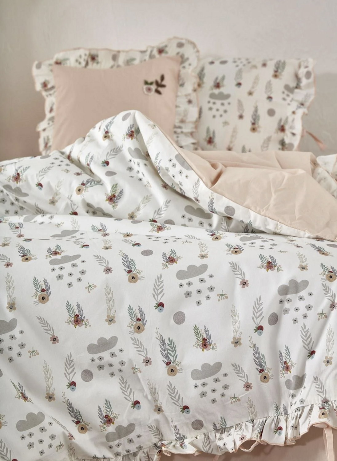 Ecocotton Lora Baby Girl Duvet Cover Set 100% Organic Cotton Hand Embroidered Printed 100x150 Cm