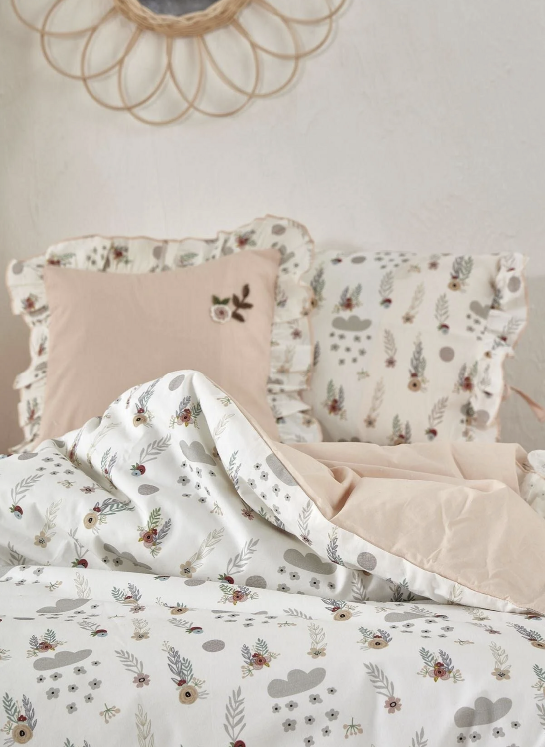 Ecocotton Lora Baby Girl Duvet Cover Set 100% Organic Cotton Hand Embroidered Printed 100x150 Cm