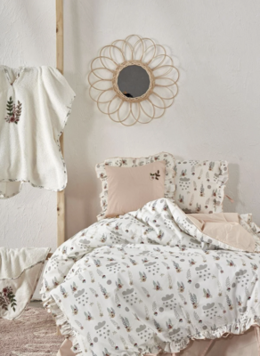 Ecocotton Lora Baby Girl Duvet Cover Set 100% Organic Cotton Hand Embroidered Printed 100x150 Cm