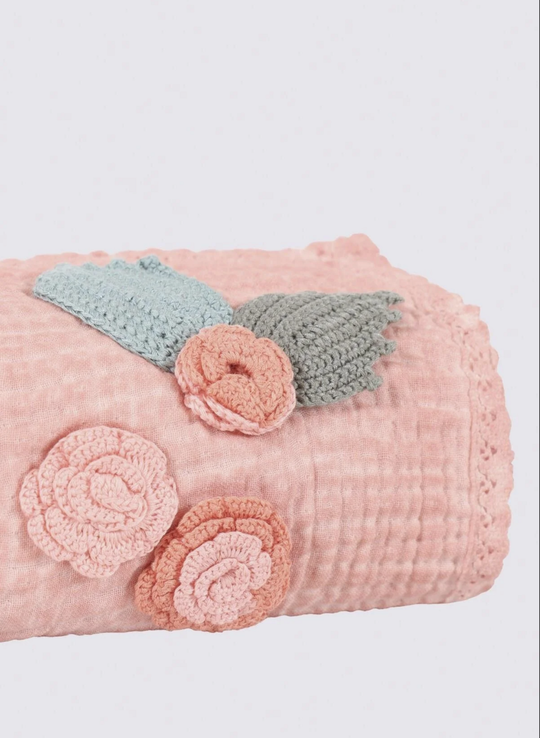 Ecocotton Berin Baby Bedspread 100% Organic Cotton Muslin Hand Embroidered Powder 100x100 Cm