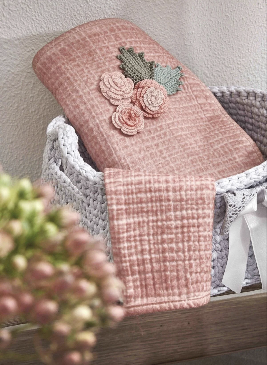 Ecocotton Berin Baby Bedspread 100% Organic Cotton Muslin Hand Embroidered Powder 100x100 Cm