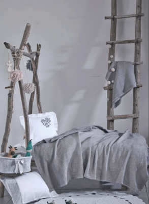 Ecocotton Kayra Baby Bedspread 100% Organic Cotton Muslin Hand Embroidered Gray 120x170 Cm