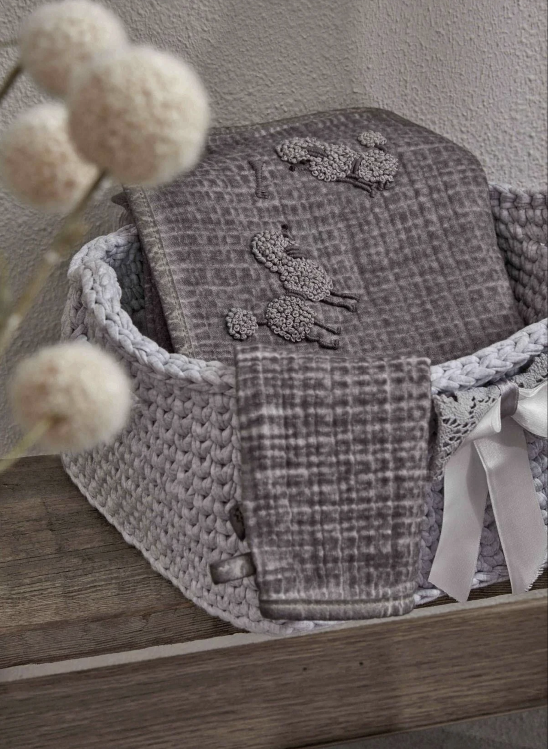 Ecocotton Kayra Baby Bedspread 100% Organic Cotton Muslin Hand Embroidered Gray 100x100 Cm