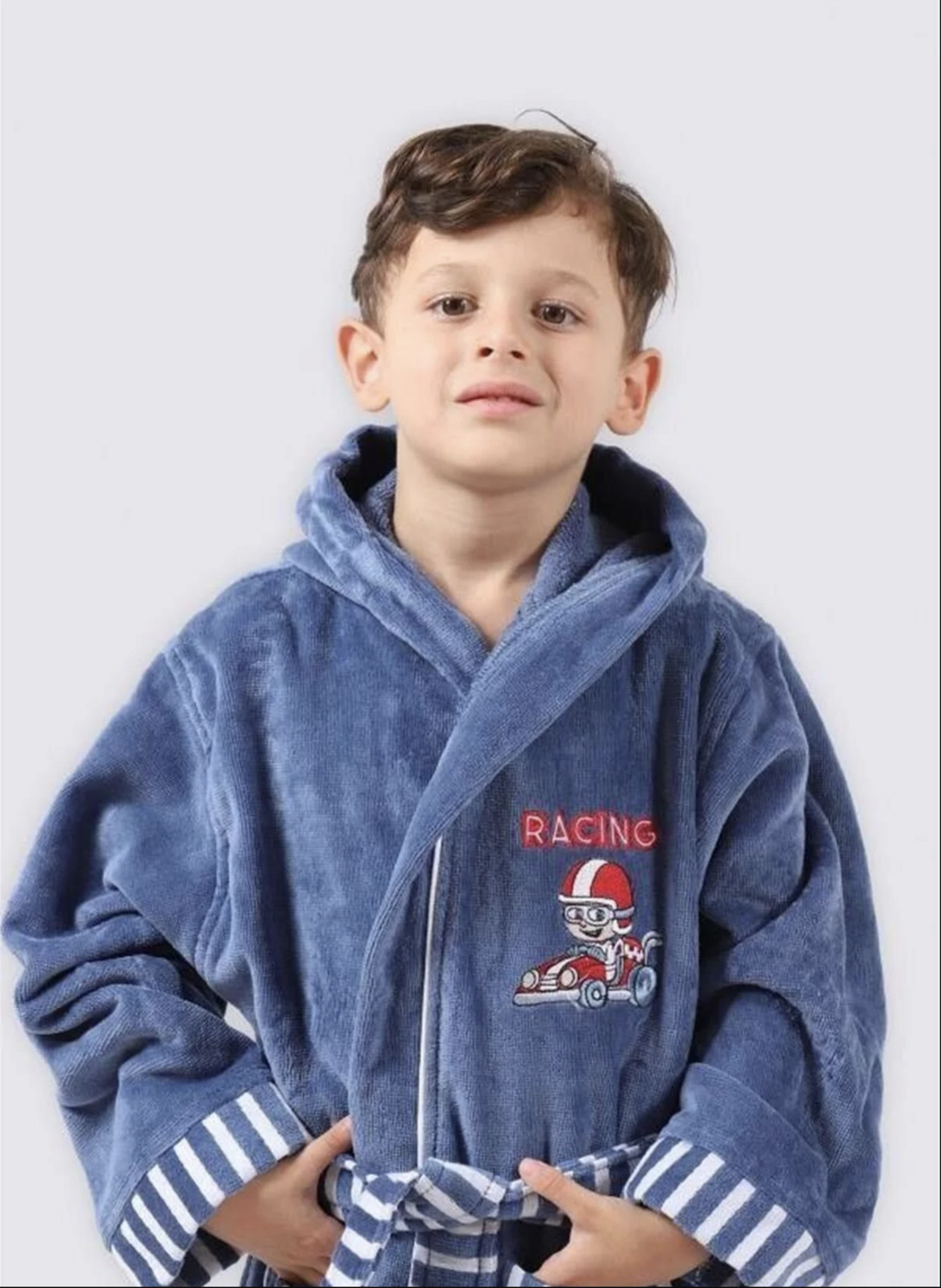 Ecocotton Racer Boys&#39; Bathrobe 100% Organic Cotton Embroidered Blue