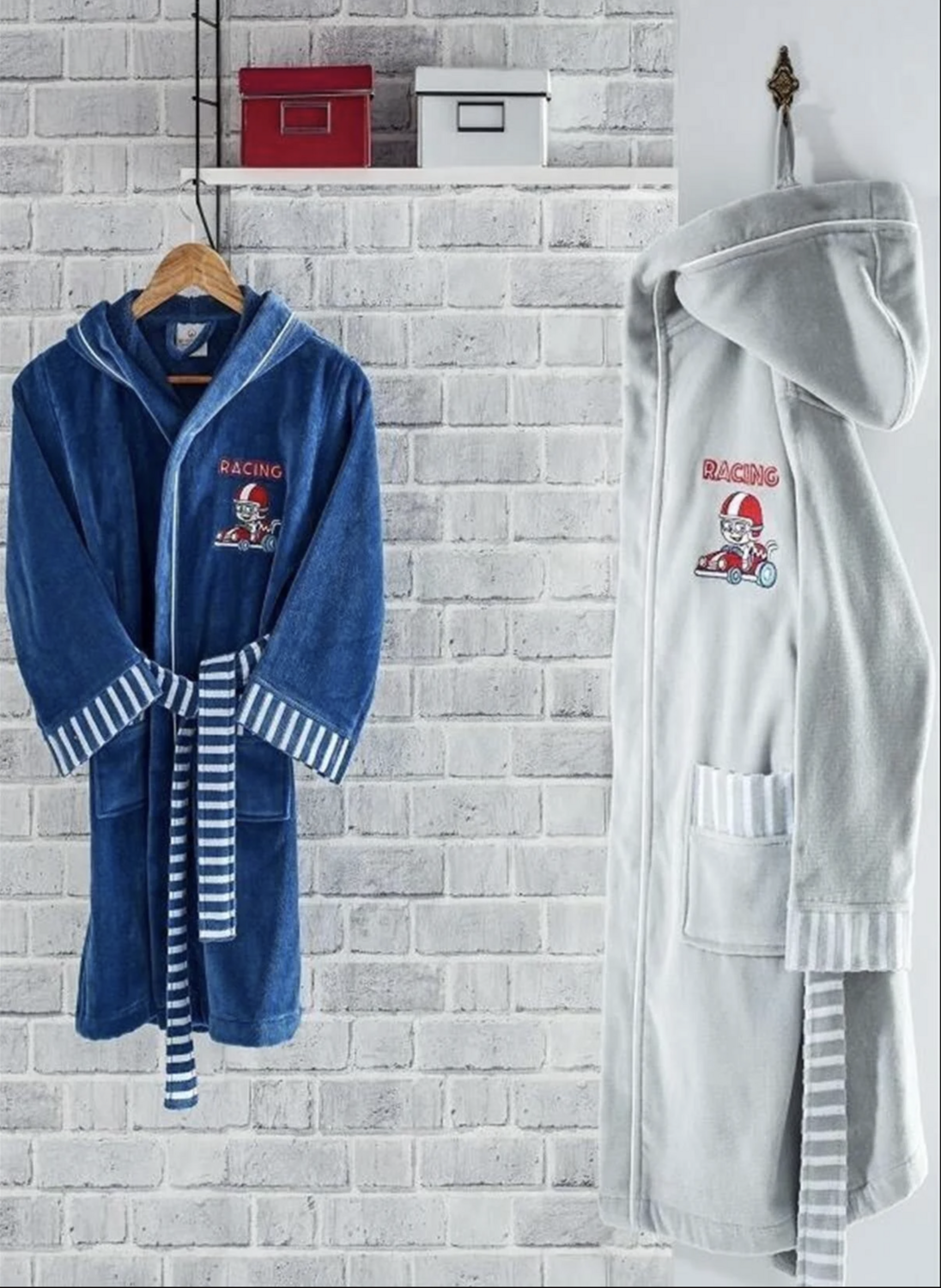 Ecocotton Racer Boys&#39; Bathrobe 100% Organic Cotton Embroidered Blue