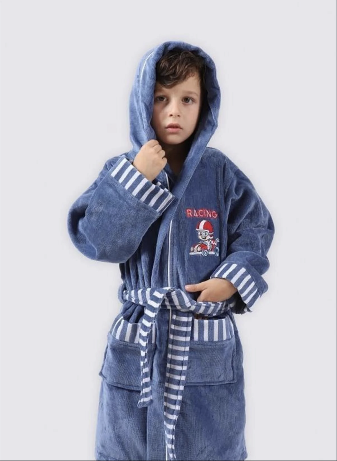 Ecocotton Racer Boys&#39; Bathrobe 100% Organic Cotton Embroidered Blue