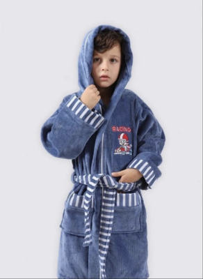 Ecocotton Racer Boys&#39; Bathrobe 100% Organic Cotton Embroidered Blue