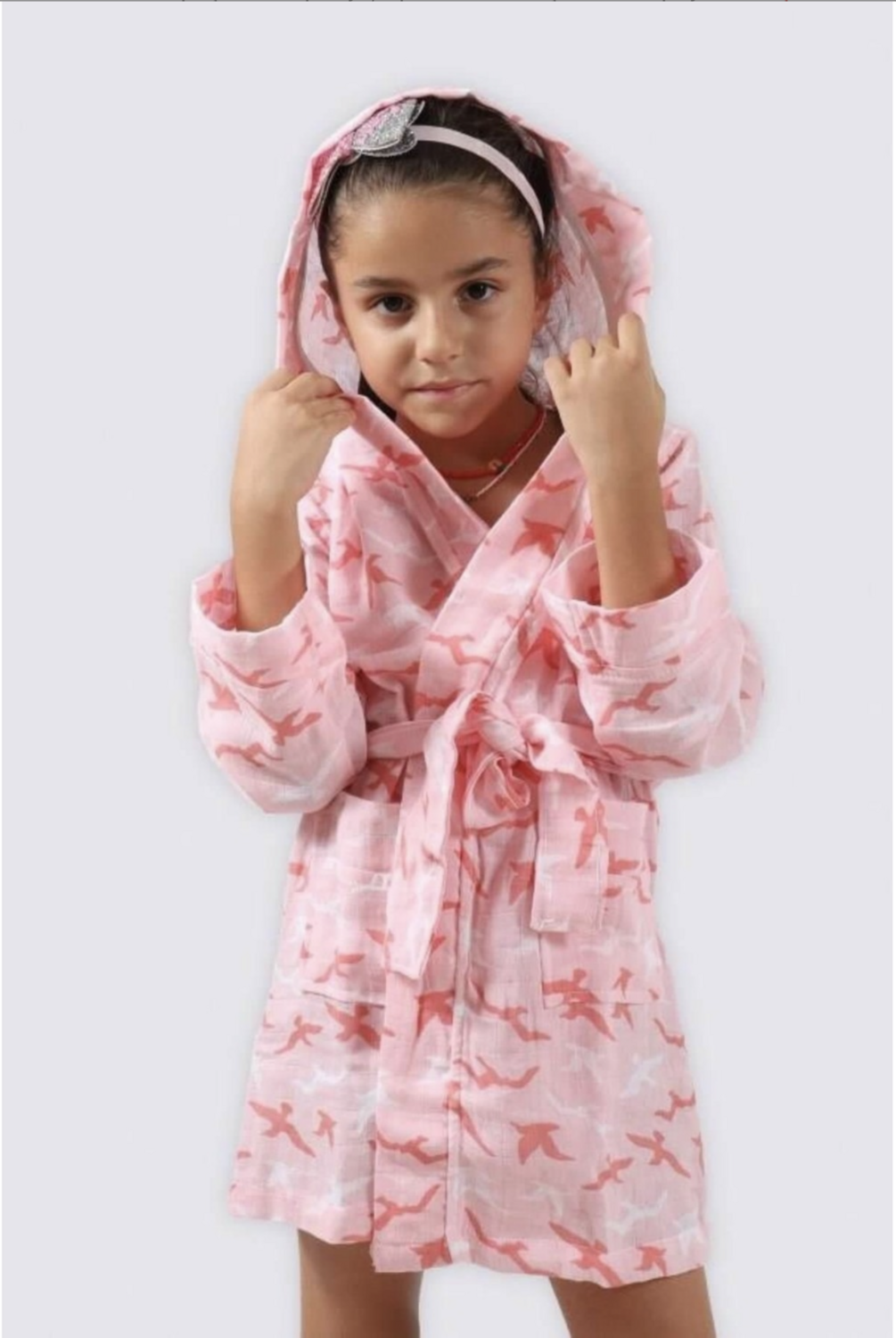 Ecocotton Turna Girl&#39;s Bathrobe 100% Organic Cotton Muslin Printed Salmon