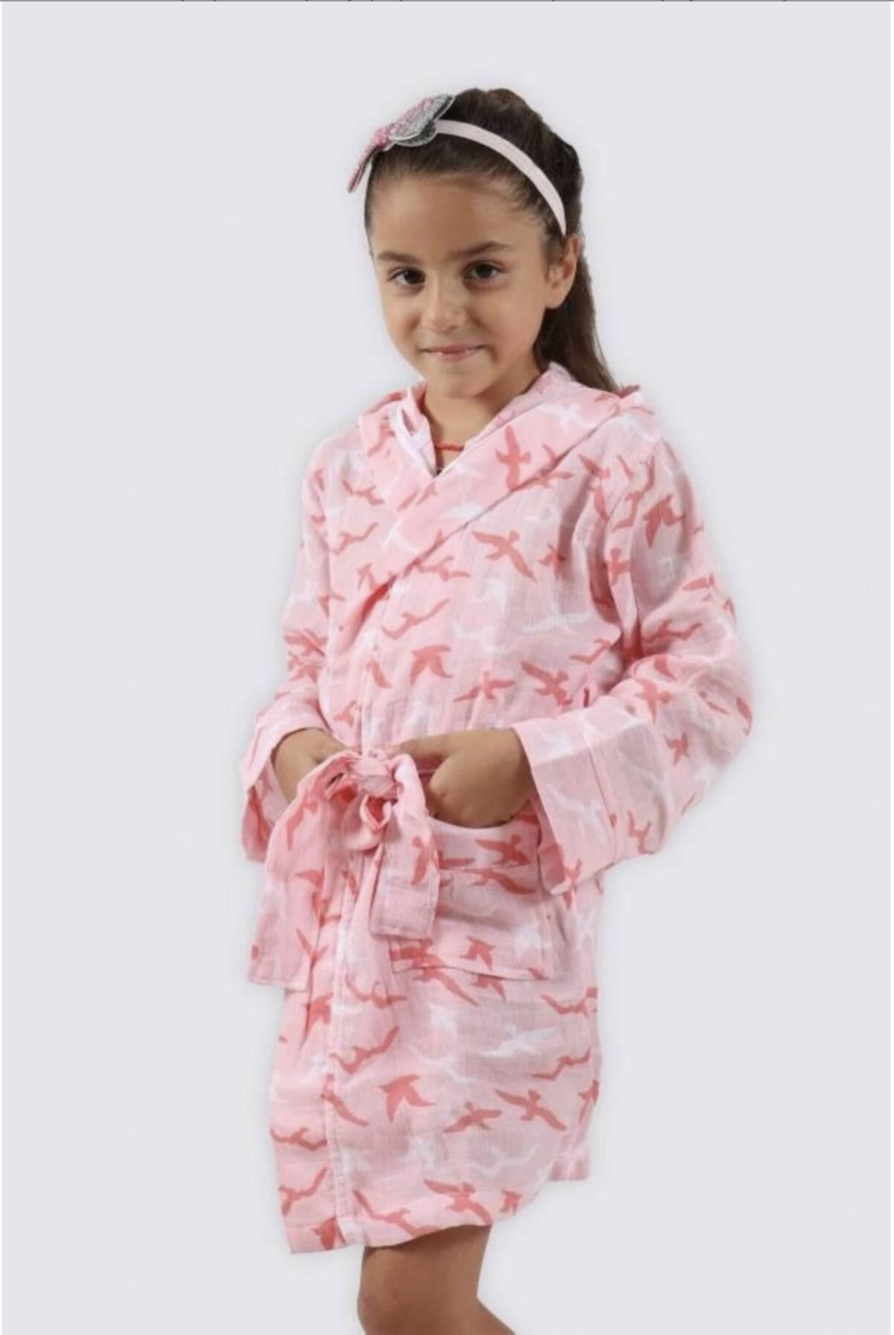 Ecocotton Turna Girl&#39;s Bathrobe 100% Organic Cotton Muslin Printed Salmon