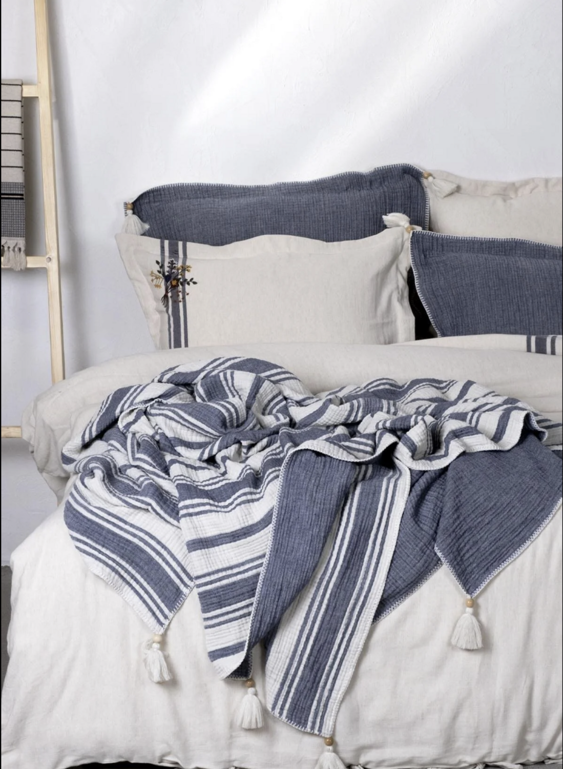 Ecocotton Mila 2 Person Bedspread Set 100% Organic Cotton Muslin Filled Navy Blue240X260 Cm