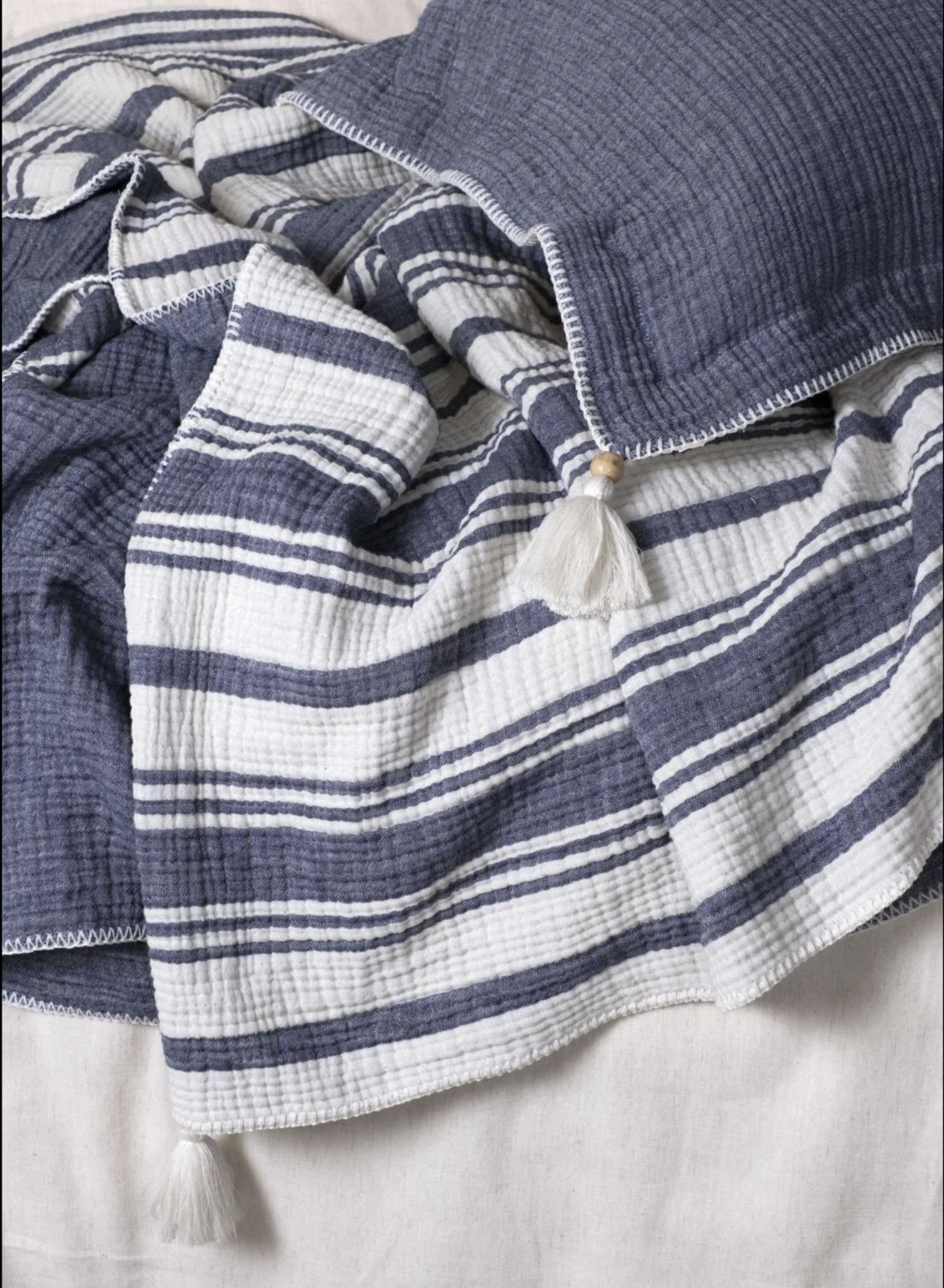 Ecocotton Mila 2 Person Bedspread Set 100% Organic Cotton Muslin Filled Navy Blue240X260 Cm