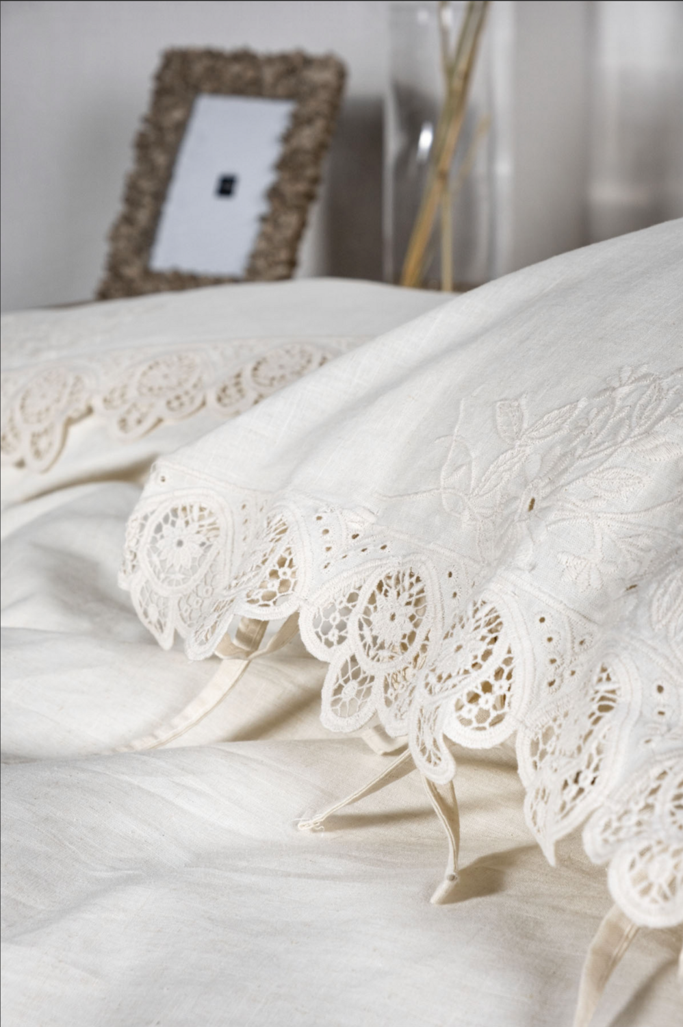 Ecocotton Amanda 2 Person Duvet Cover Set 100% Organic Cotton Linen lace Cream 200x220 Cm