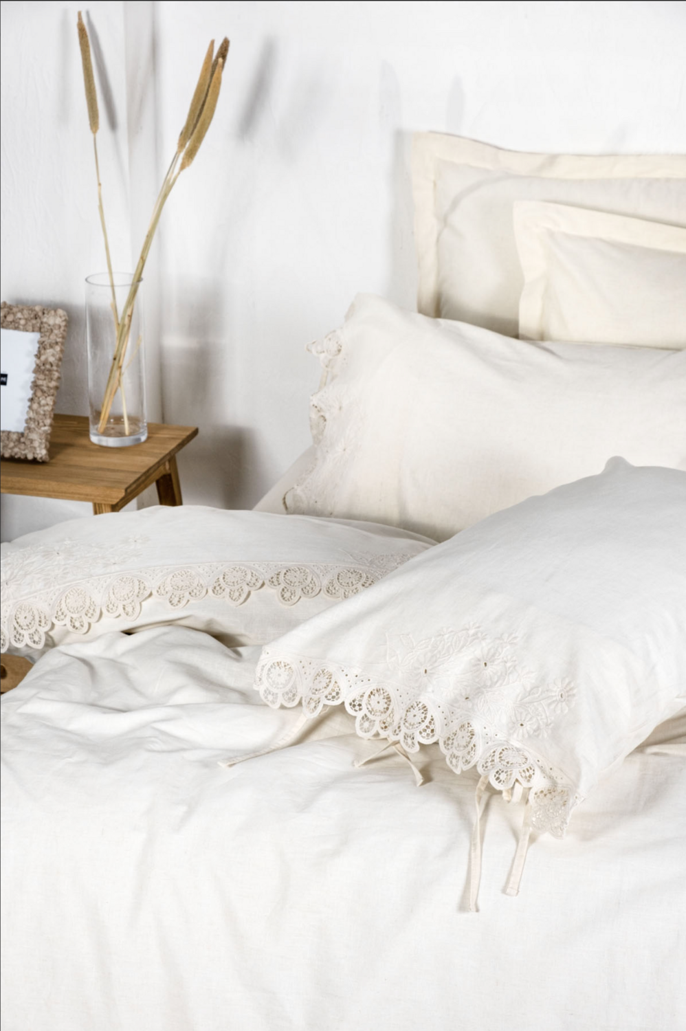 Ecocotton Amanda 2 Person Duvet Cover Set 100% Organic Cotton Linen lace Cream 200x220 Cm