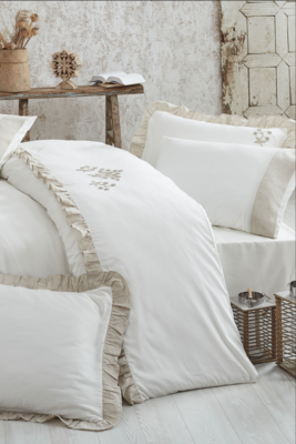 Ecocotton Ayliz 2 person Duvet Cover 100% Organic Cotton Sateen Hand Embroidered Cream 200x220 Cm
