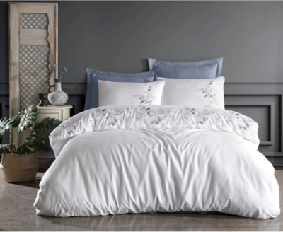 Dantela Efra Two-Person Embroideried Coton Sateen Duvet Cover Set White