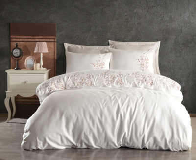Dantela Alya Two-Person Embroideried Coton Sateen Duvet Cover Set Cream
