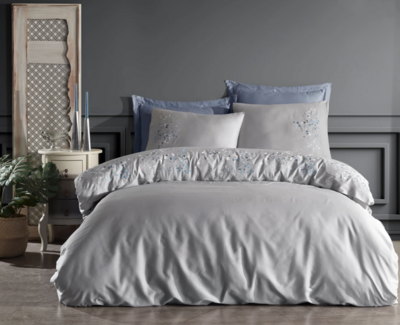 Dantela Alya Two-Person Embroideried Coton Sateen Duvet Cover Set Grey