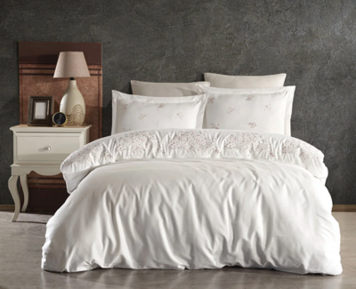 Dantela ASRIN Two-Person Embroideried Coton Sateen Duvet Cover Set Beige