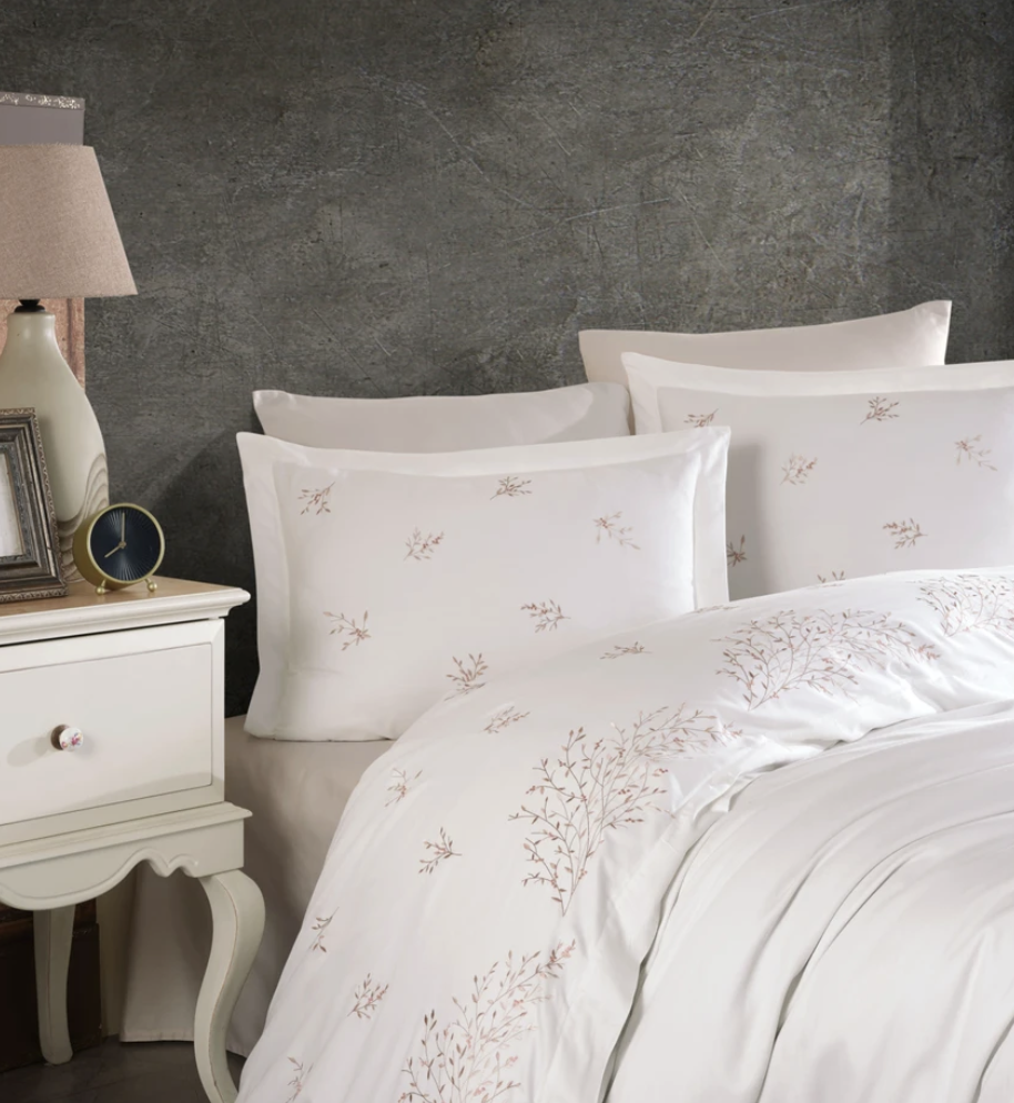 Dantela ASRIN Two-Person Embroideried Coton Sateen Duvet Cover Set Beige
