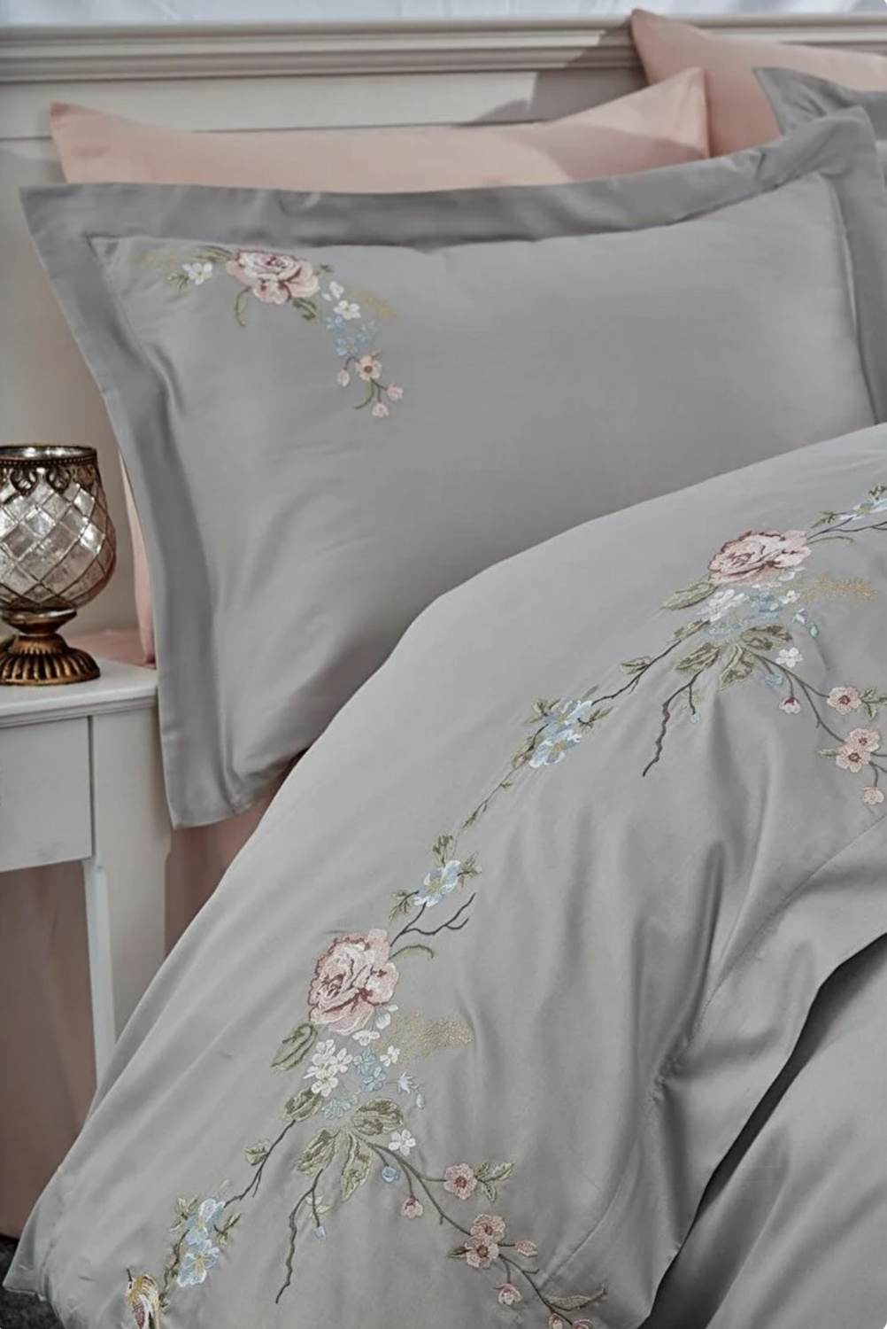 Dantela Rüya Two-Person Embroideried Coton Sateen Duvet Cover Set Grey