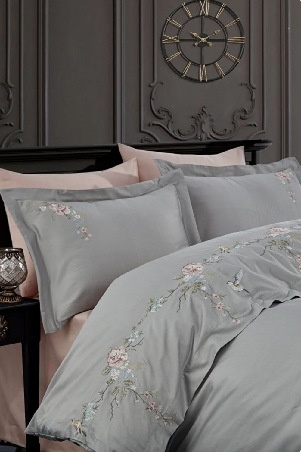 Dantela Rüya Two-Person Embroideried Coton Sateen Duvet Cover Set Grey