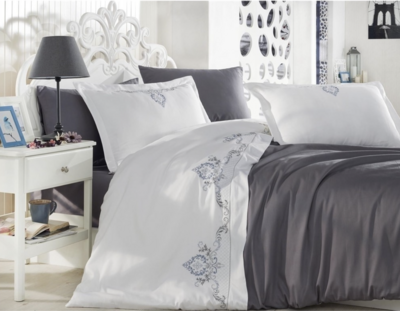 Dantela Gözde Two-Person Embroideried Coton Sateen Duvet Cover Set anthracite