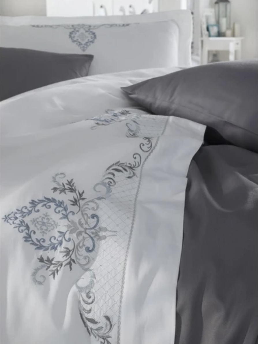 Dantela Gözde Two-Person Embroideried Coton Sateen Duvet Cover Set anthracite
