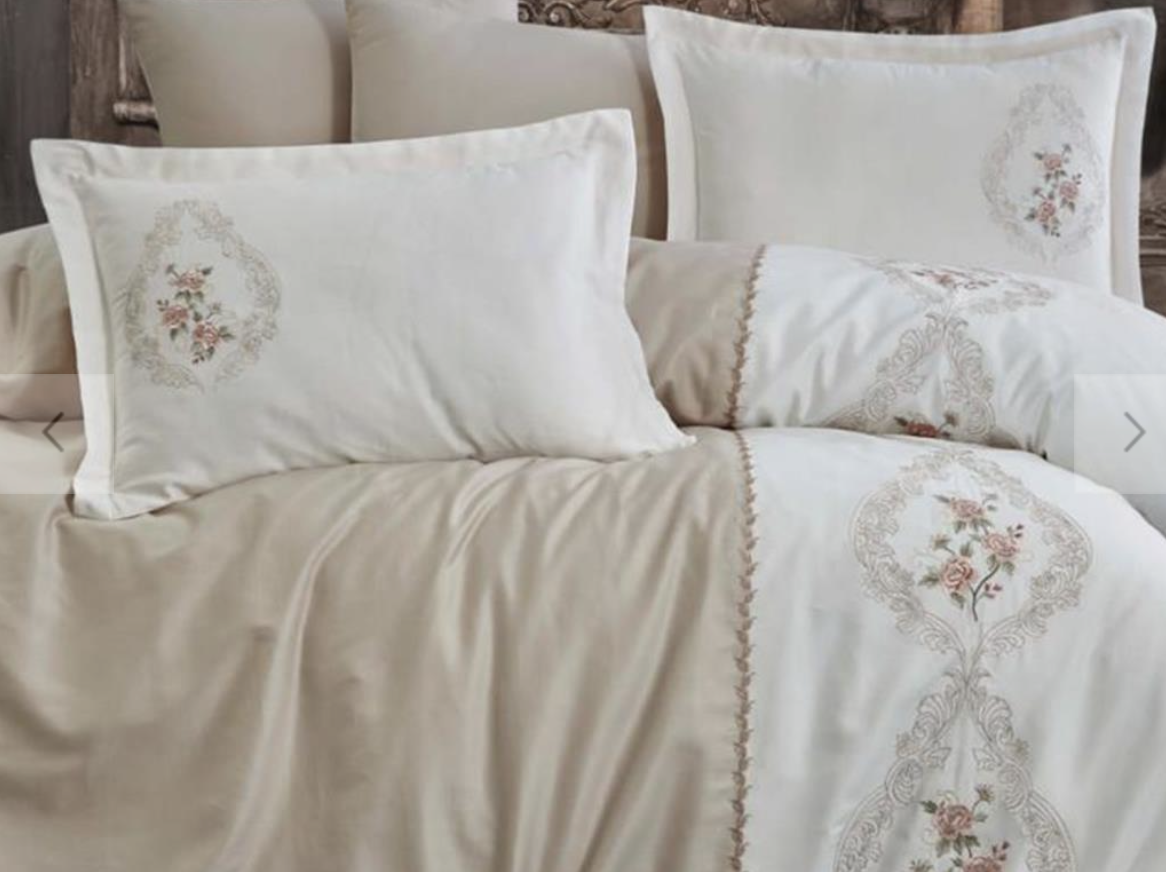 Dantela İsabella Two-Person Embroideried Coton Sateen Duvet Cover Set Beige