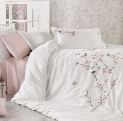 Dantela Butterfly 3D Two-Person Embroideried Coton Sateen Duvet Cover Set Beige