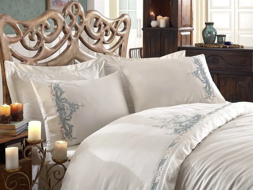 Dantela Olivia Two-Person Embroideried Coton Sateen Duvet Cover Set Mint