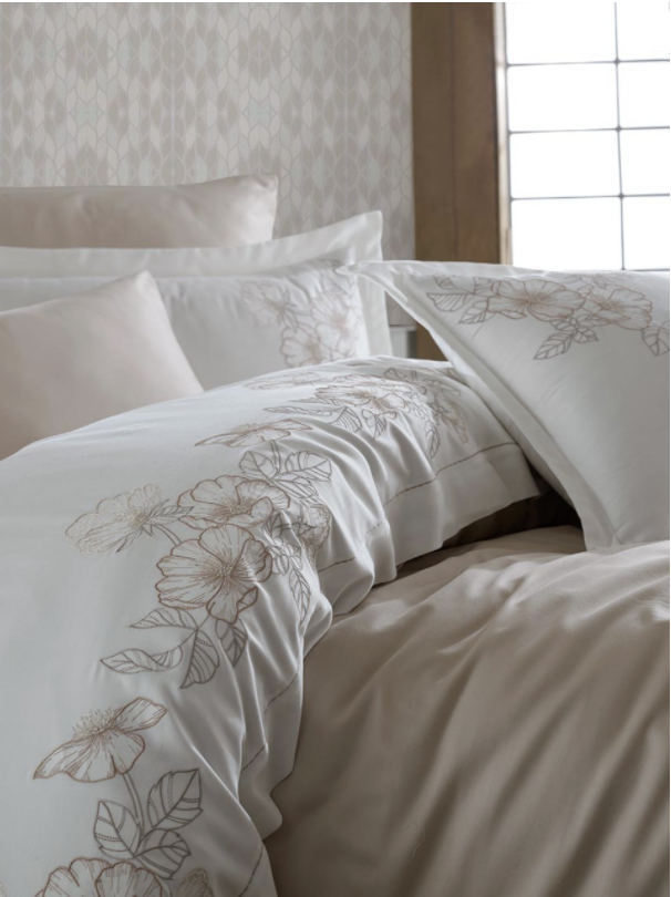 Dantela Hare Two-Person Embroideried Coton Sateen Duvet Cover Set Beige