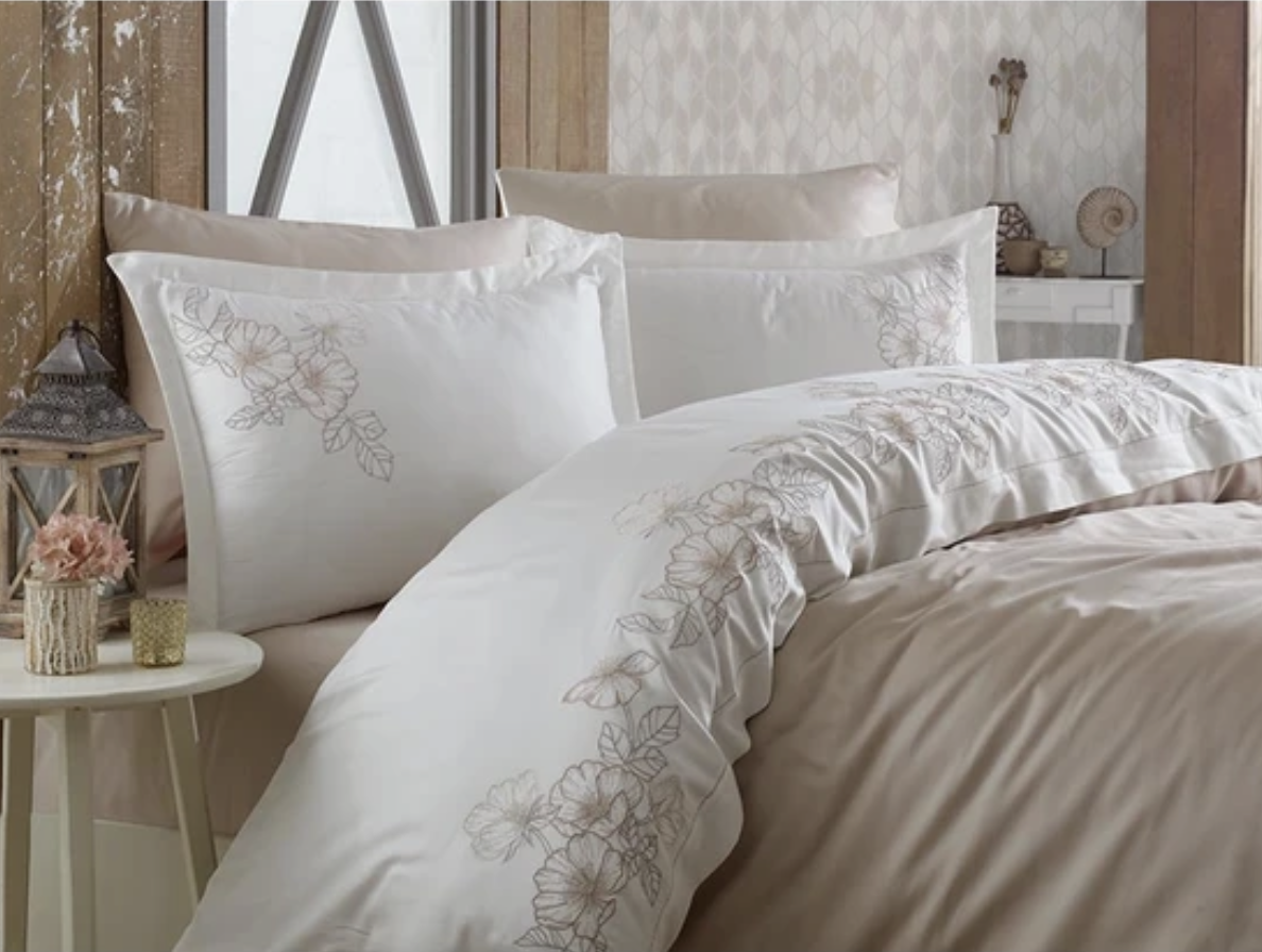 Dantela Hare Two-Person Embroideried Coton Sateen Duvet Cover Set Beige