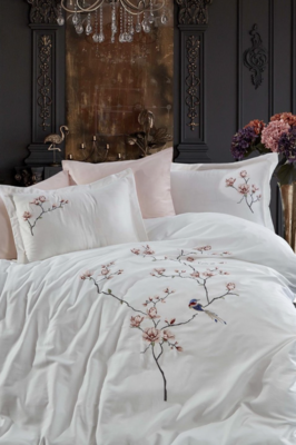 Dantela Hüma Two-Person Embroideried Coton Sateen Duvet Cover Set cream