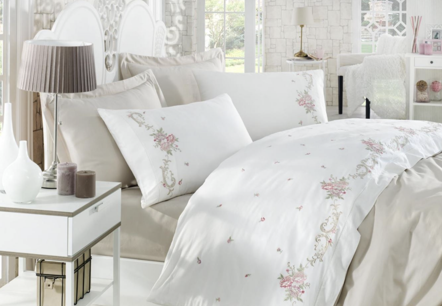 Dantela Rosenna Çift kişilik Nakışlı Pamuk Saten Nevresim Takımı