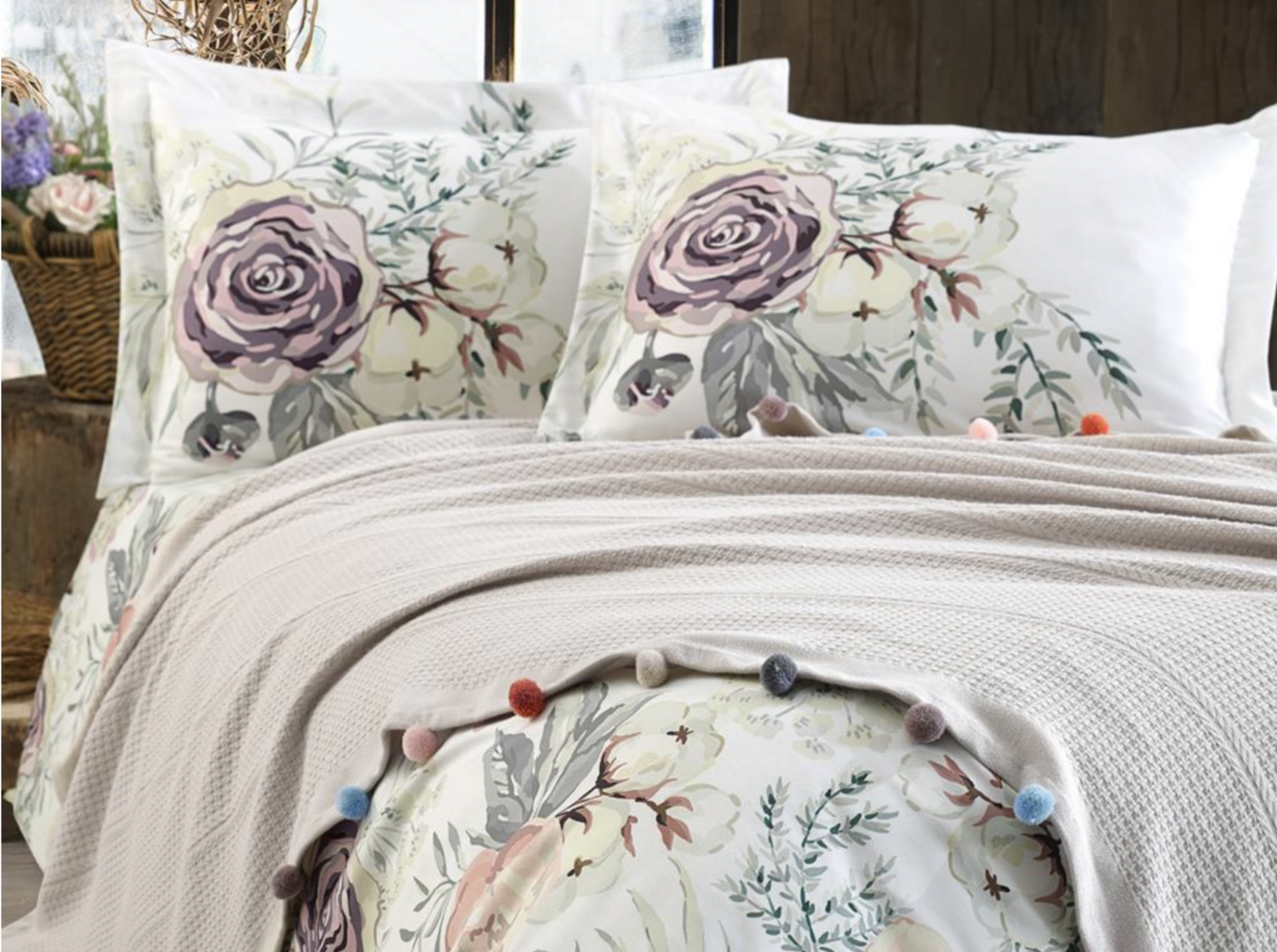 Dantela Violet Two-Person Pompom Pique Set Beige