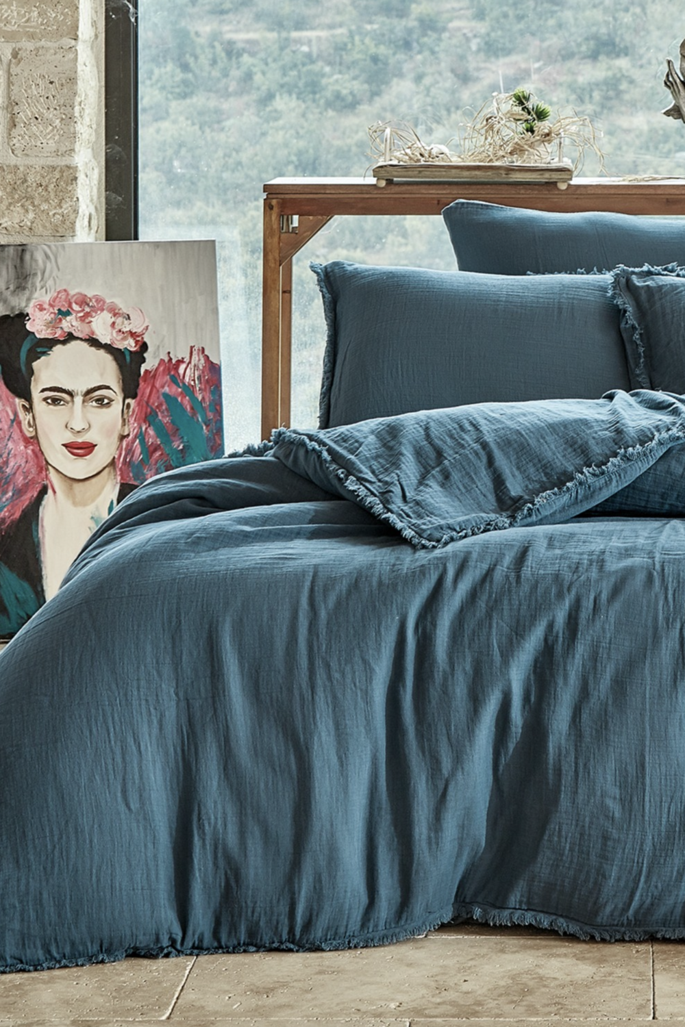 Dantela Shine two-person muslin Duvet Cover Set (King Size) Petrol blue