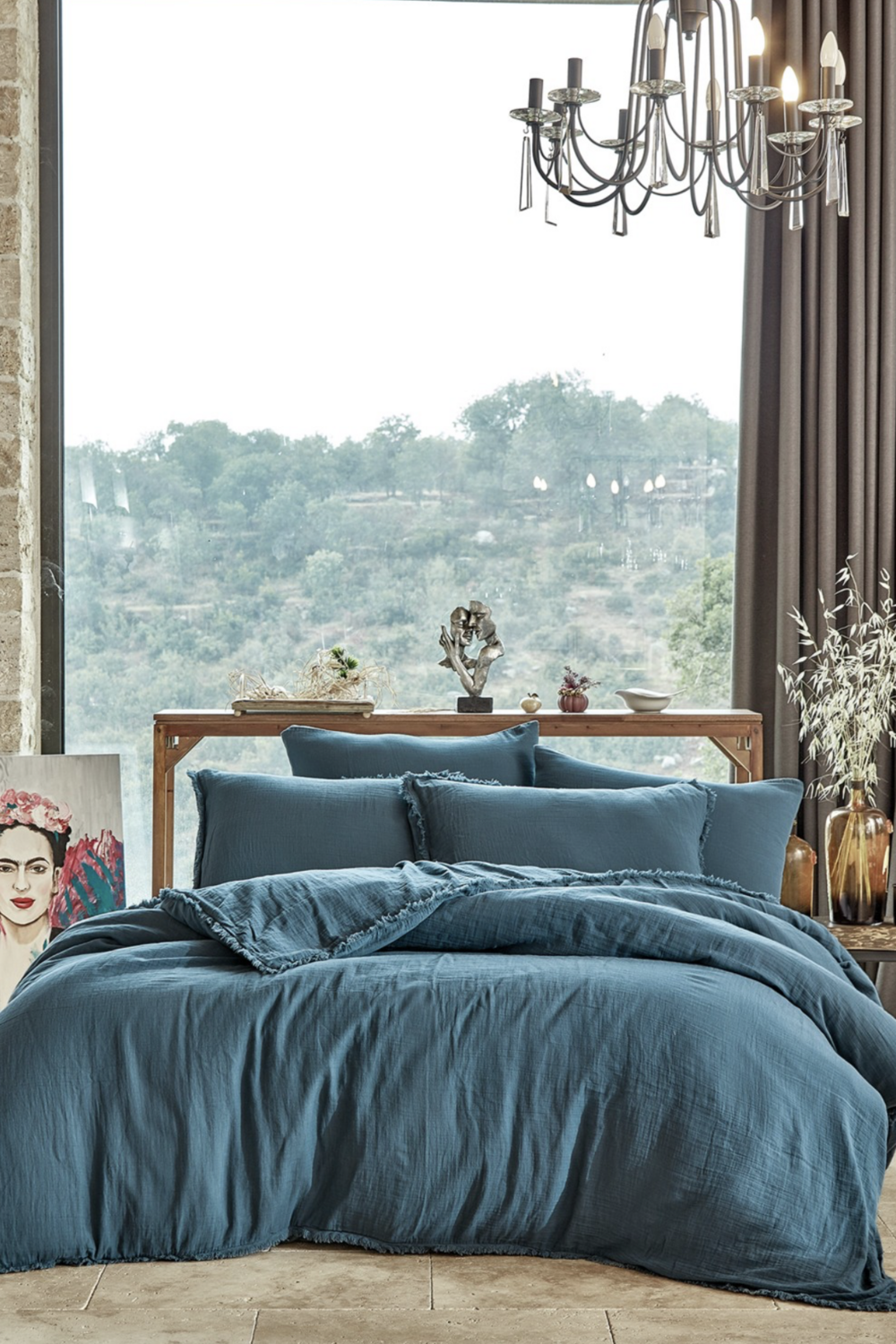 Dantela Shine two-person muslin Duvet Cover Set (King Size) Petrol blue
