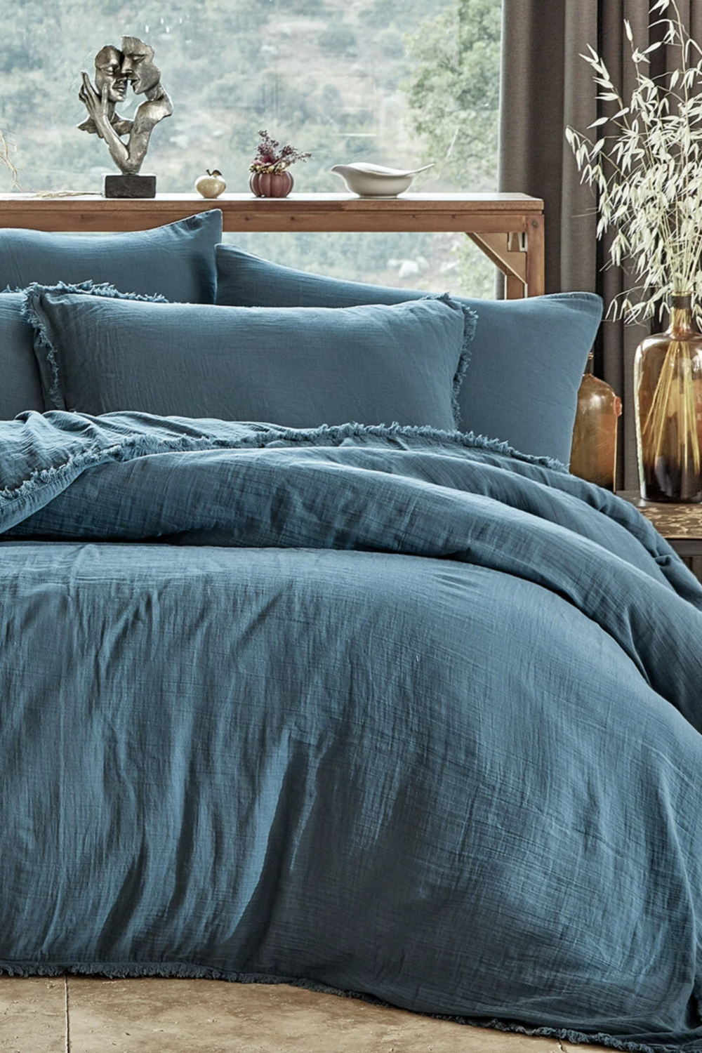 Dantela Shine two-person muslin Duvet Cover Set (King Size) Petrol blue