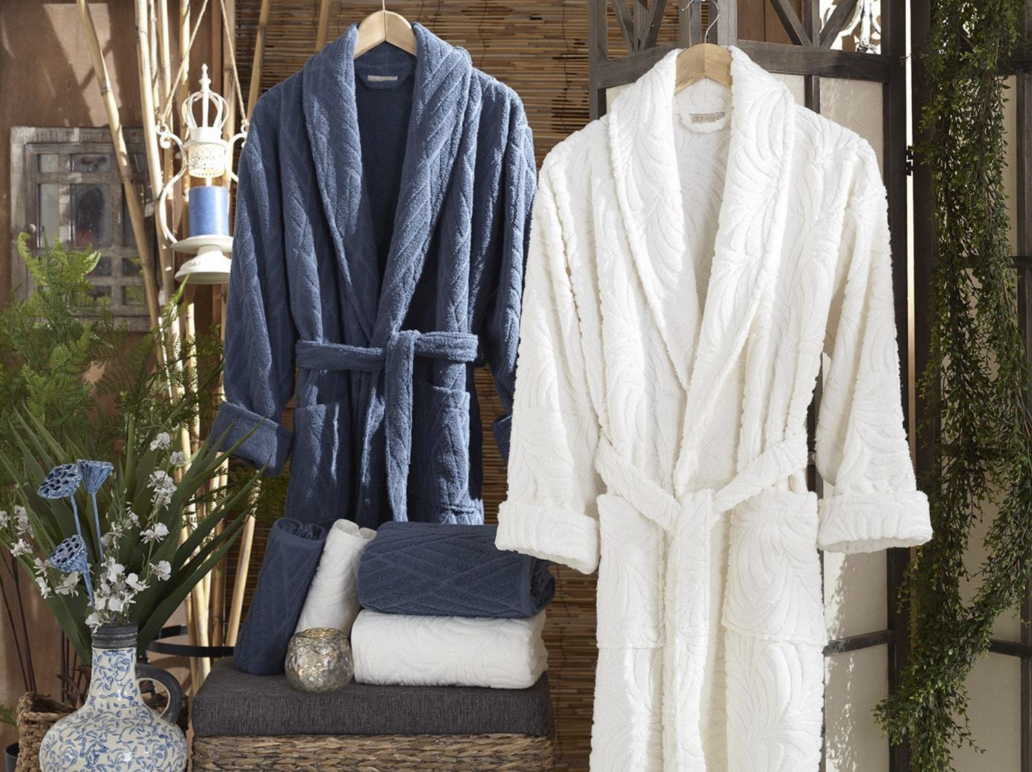 Dantela Melanie Jacquard Cotton Bathrobe Set Cream-Blue