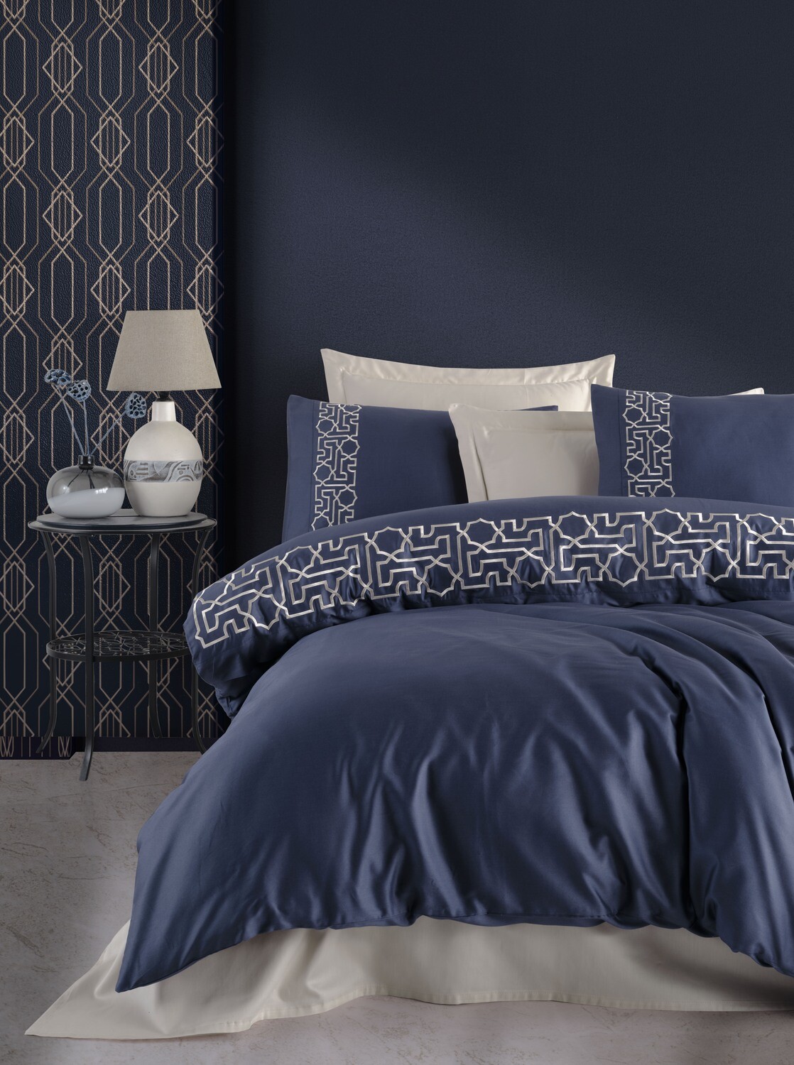 Dantela Luna Two-Person Embroideried Coton Sateen Duvet Cover Set Beige