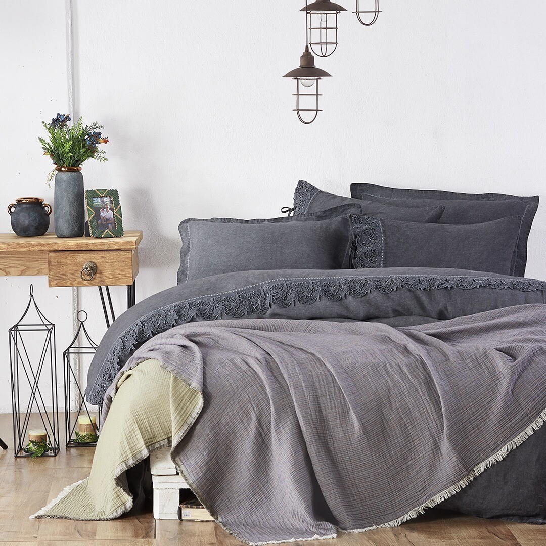 Ecocotton Muna eenpersoons sprei 100% organisch katoen Inject Green-Anthracite 180x240 Cm