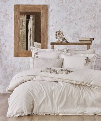 Ecocotton Masal two-person comforter cover 100% organic cotton linen Hand-embroidered Beige 200x220 Cm