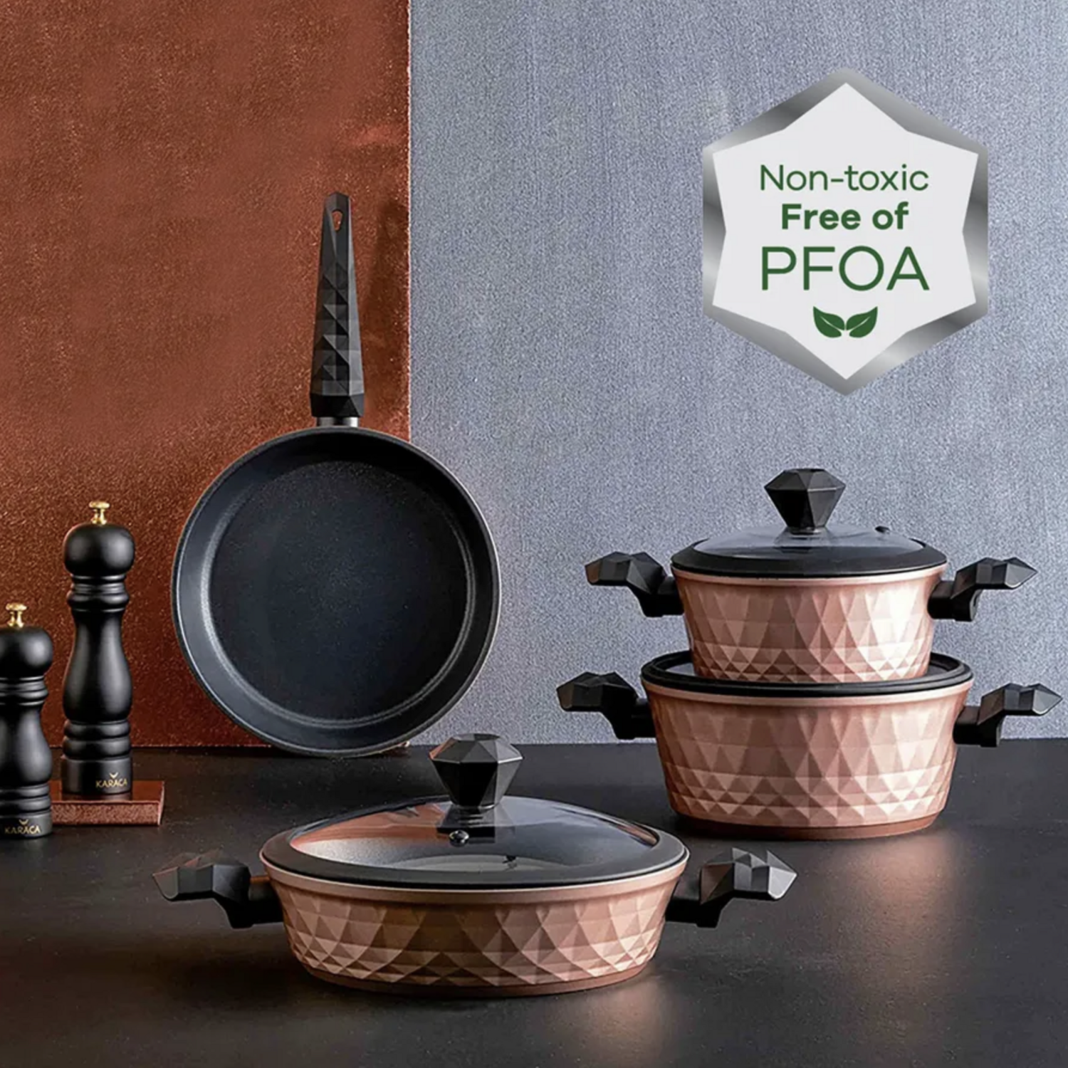 Karaca Bio Diamond 7 Piece Induction Cookware Set Rose Gold Antibacterial Handle